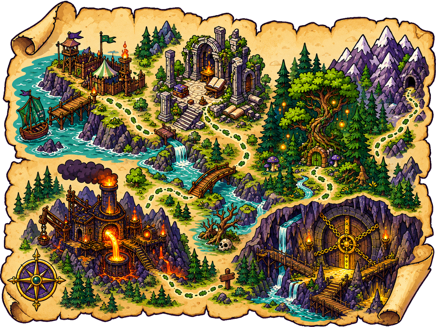 The Seekers treasure map with five connected quest regions